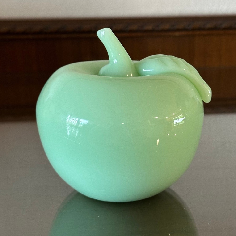 Mosser Glass Jadeite Apple Figurine Green Milk Glass Fruit Decor Made in USA 4"